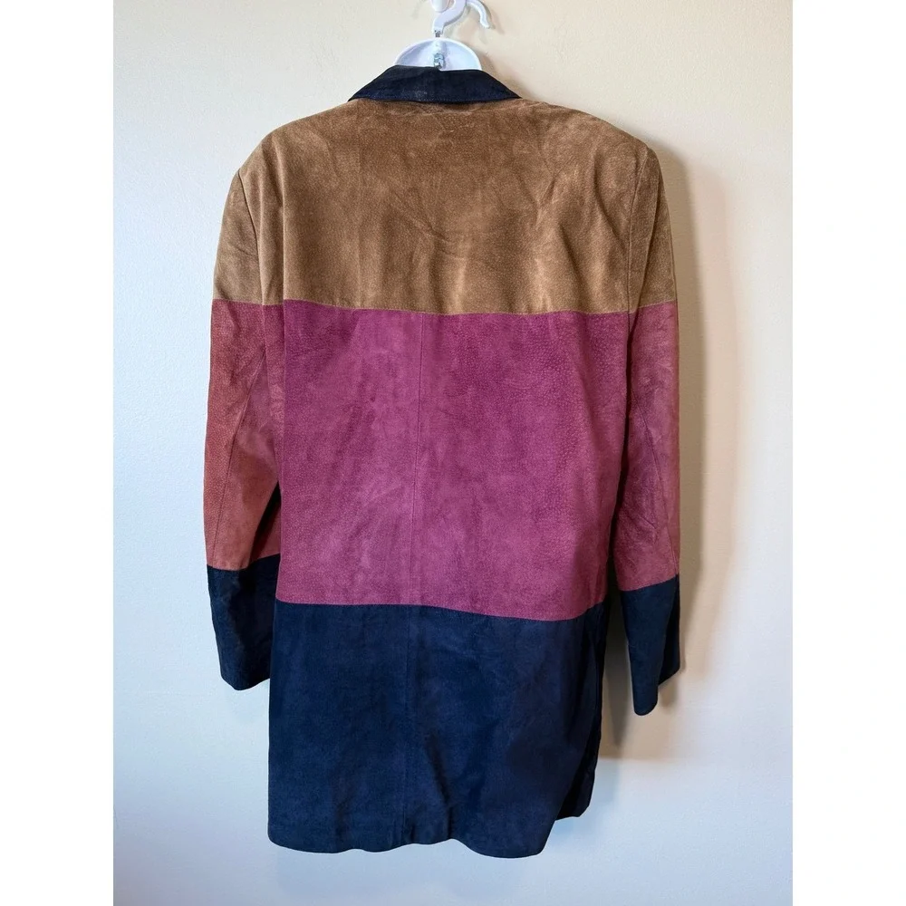 VTG Colorblock Suede‎ Leather Blazer Jacket Women M Burgundy Tan Navy 80's Artsy